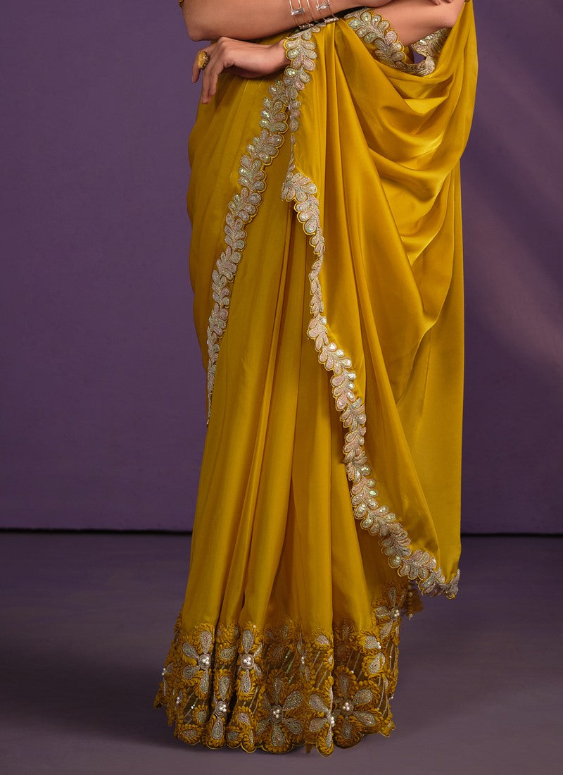 Yellow Silk Ready Made Party Wear Saree with Thread and Stone Work-2