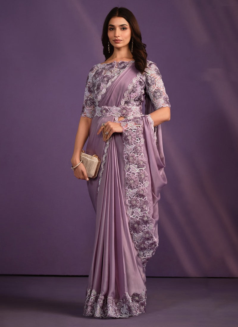 Lavender Silk Ready Made Party Wear Saree with Thread and Stone Work