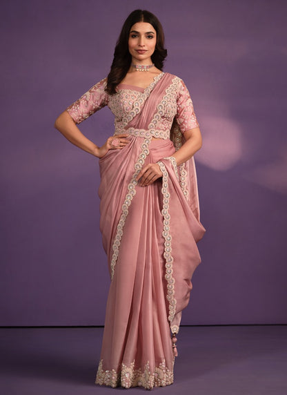 Peach Taffeta Ready Made Party Wear Saree with Thread and Stone Work