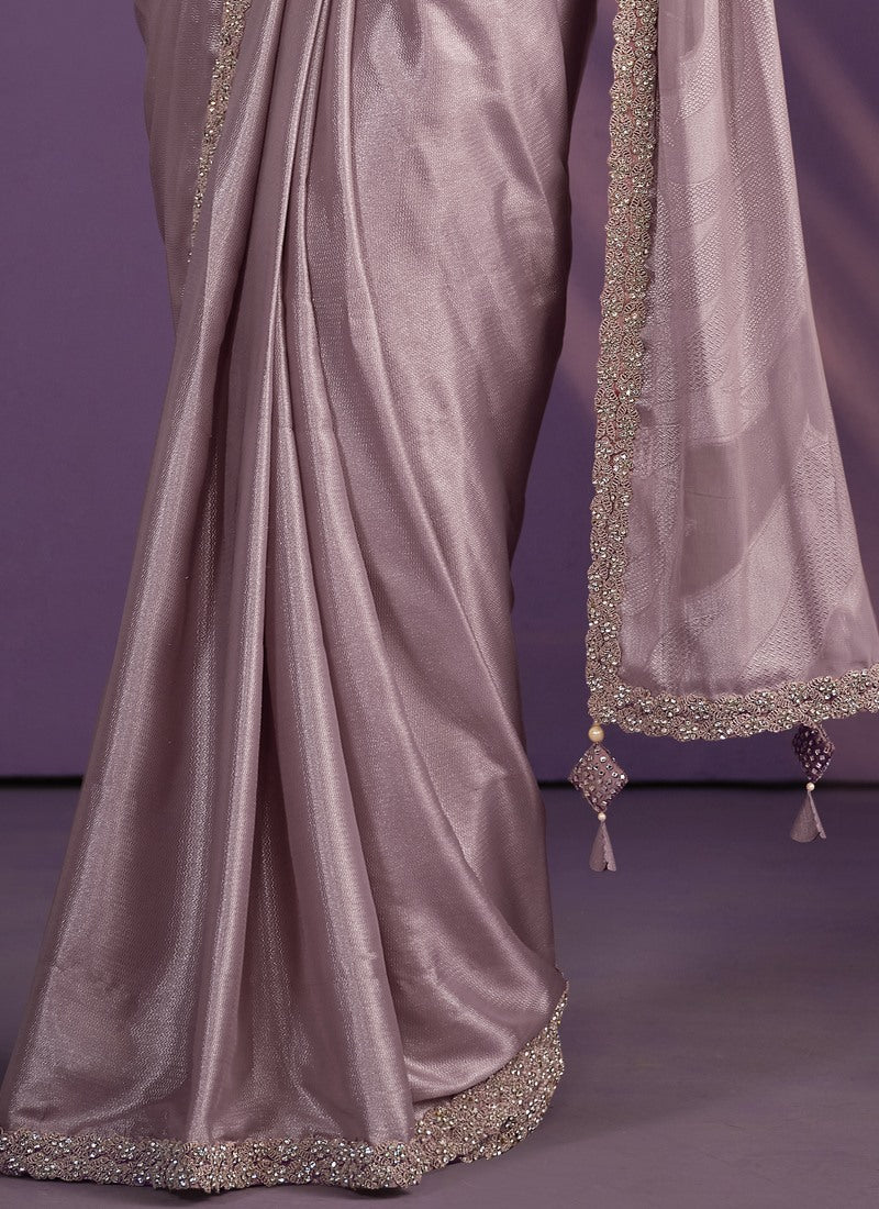 Light Purple Satin Ready Made Party Wear Saree with Thread and Stone Work-2