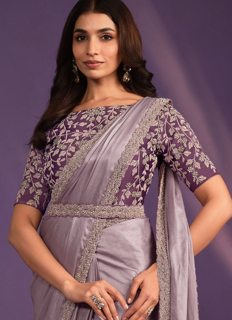 Light Purple Satin Ready Made Party Wear Saree with Thread and Stone Work-2