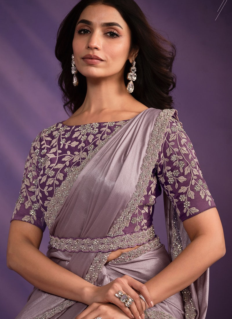 Light Purple Satin Ready Made Party Wear Saree with Thread and Stone Work-2