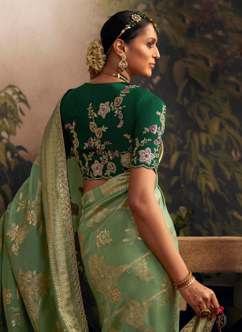 Pista Green Silk Wedding Saree With Heavy Embroidery, Stone and Sequins Work-2