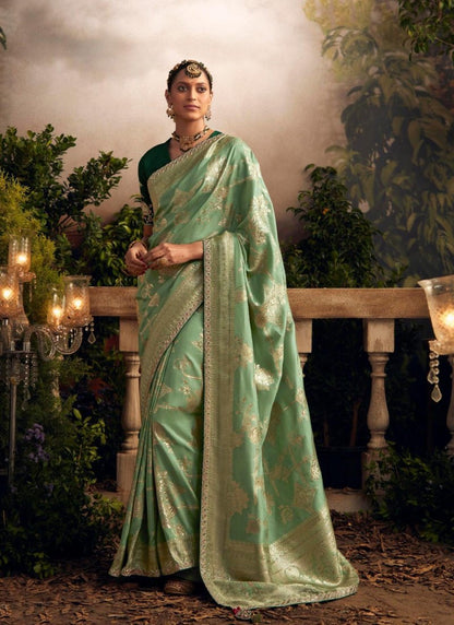 Pista Green Silk Wedding Saree With Heavy Embroidery, Stone and Sequins Work