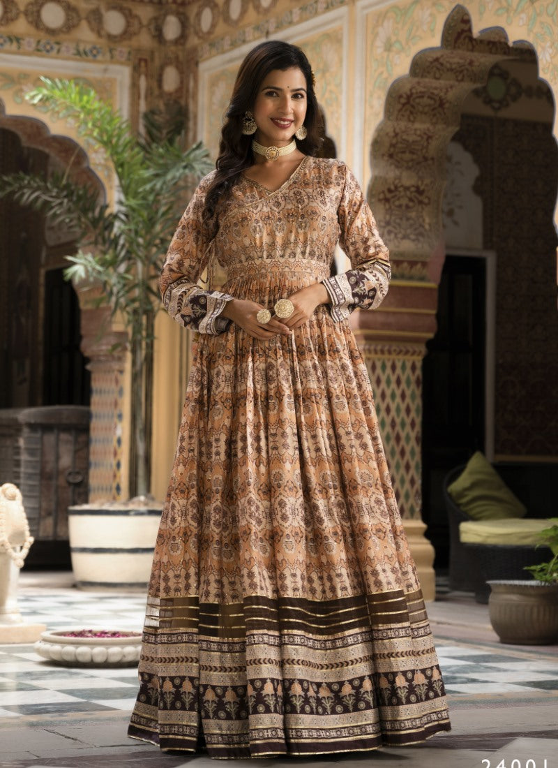 Brown Silk Anarkali Gown With Embroidery Work