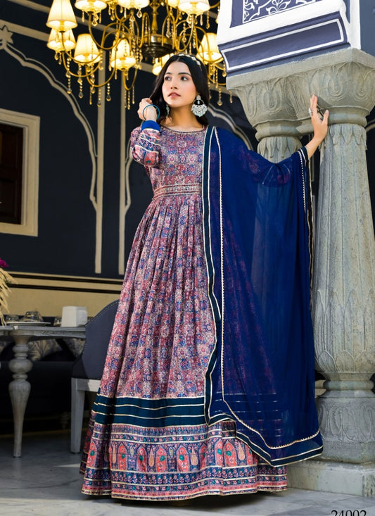 Blue Silk Anarkali Gown With Embroidery Work