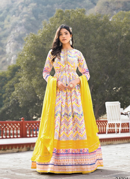 Yellow Silk Anarkali Gown With Embroidery Work