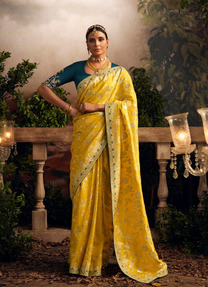 Yellow Silk Wedding Saree With Heavy Embroidery, Stone and Sequins Work