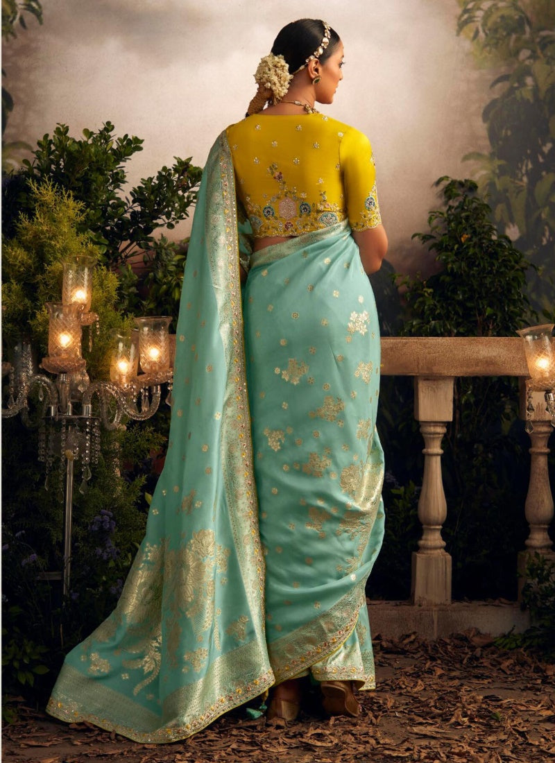 Aqua Silk Wedding Saree With Heavy Embroidery, Stone and Sequins Work-2