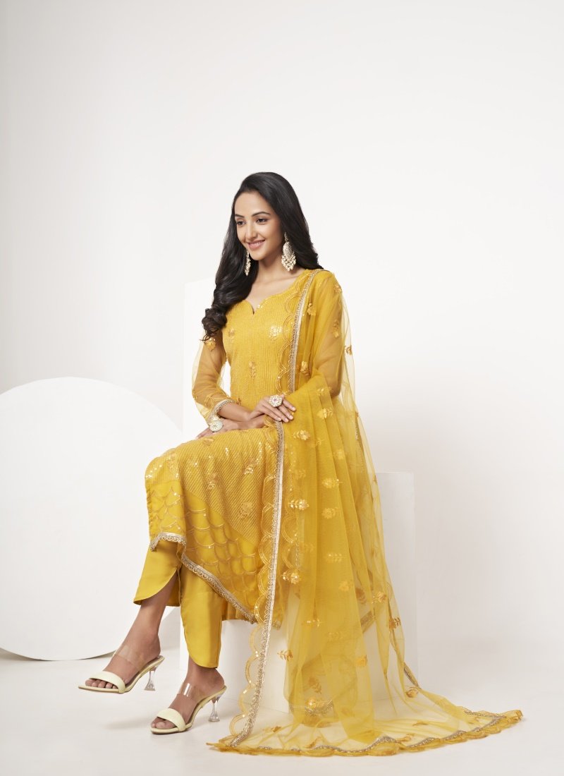 Yellow Pant Style Salwar Suit with Thread and Sequins Work-2