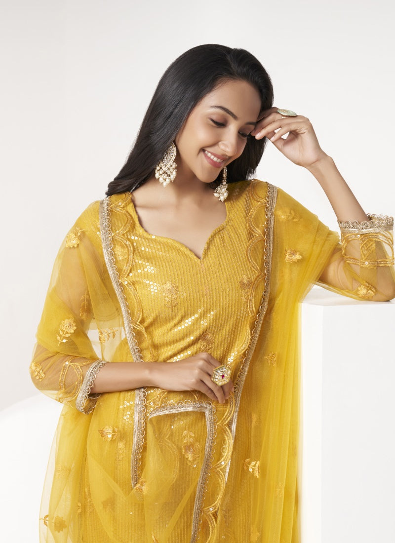 Yellow Pant Style Salwar Suit with Thread and Sequins Work-2