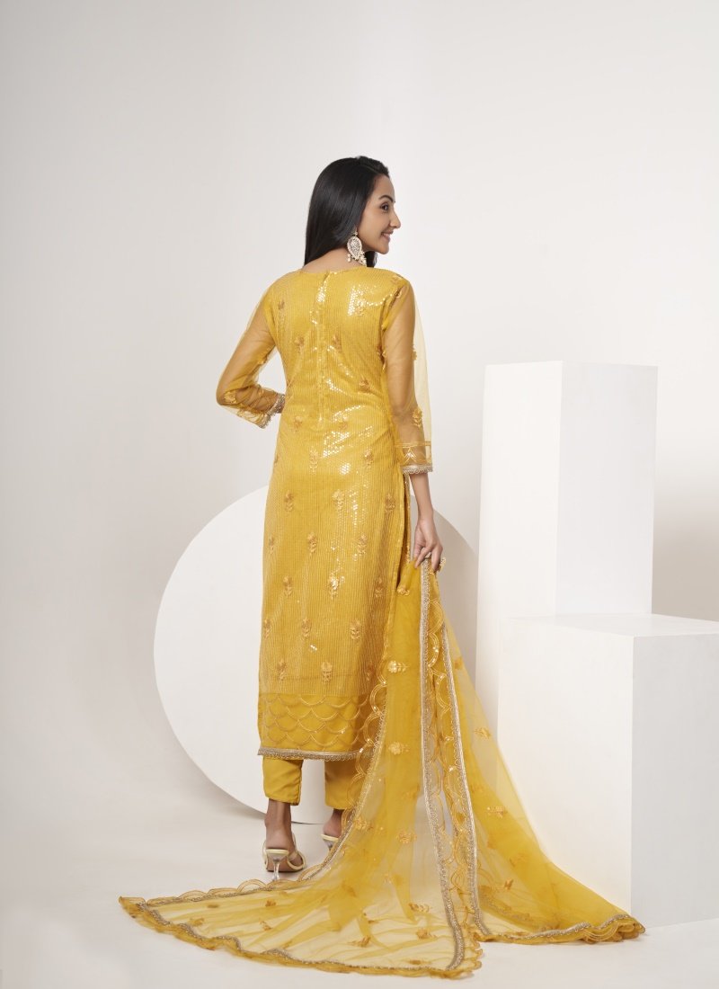 Yellow Pant Style Salwar Suit with Thread and Sequins Work-2