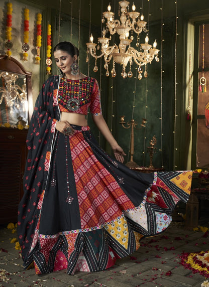 Black Cotton Navratri Lehenga Choli With Embroidery, Mirror Work and Sequins Work