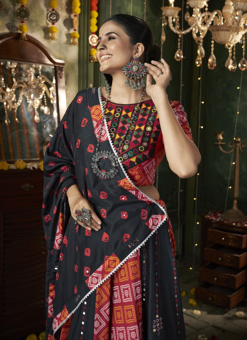 Black Cotton Navratri Lehenga Choli With Embroidery, Mirror Work and Sequins Work