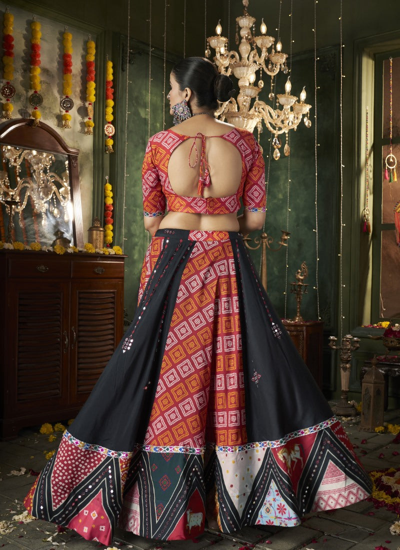 Black Cotton Navratri Lehenga Choli With Embroidery, Mirror Work and Sequins Work