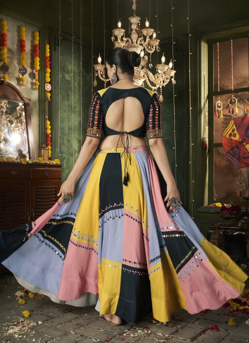 Black Cotton Navratri Lehenga Choli With Embroidery, Mirror Work and Sequins Work