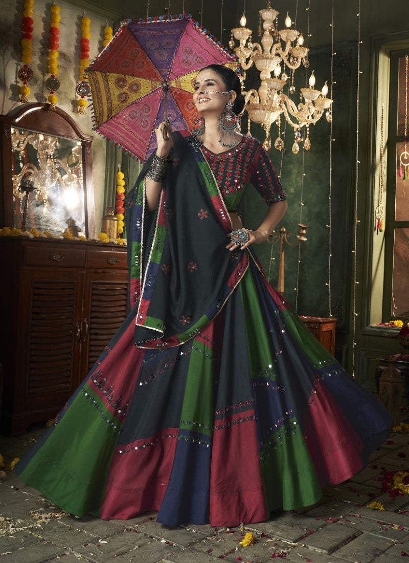 Green Cotton Navratri Lehenga Choli With Embroidery, Mirror Work and Sequins Work