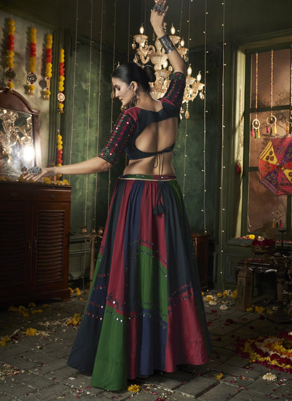 Green Cotton Navratri Lehenga Choli With Embroidery, Mirror Work and Sequins Work