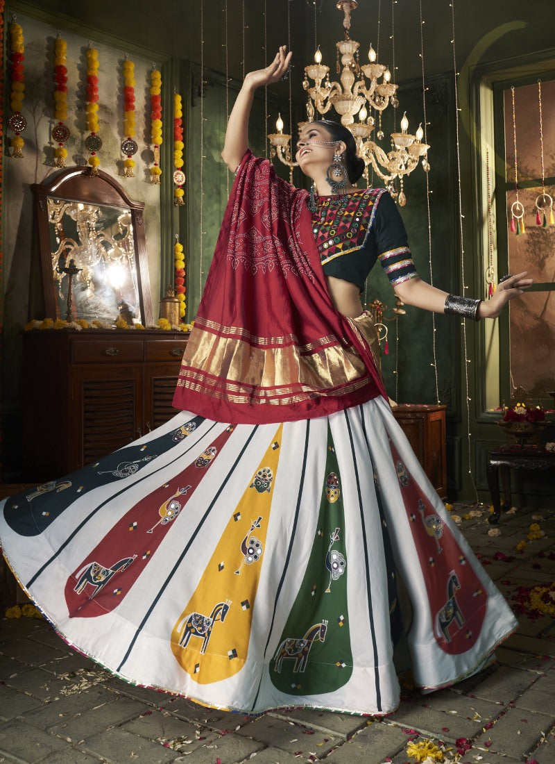 White Cotton Navratri Lehenga Choli With Embroidery, Mirror Work and Sequins Work