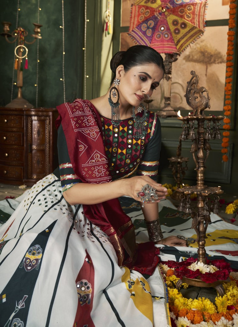 White Cotton Navratri Lehenga Choli With Embroidery, Mirror Work and Sequins Work