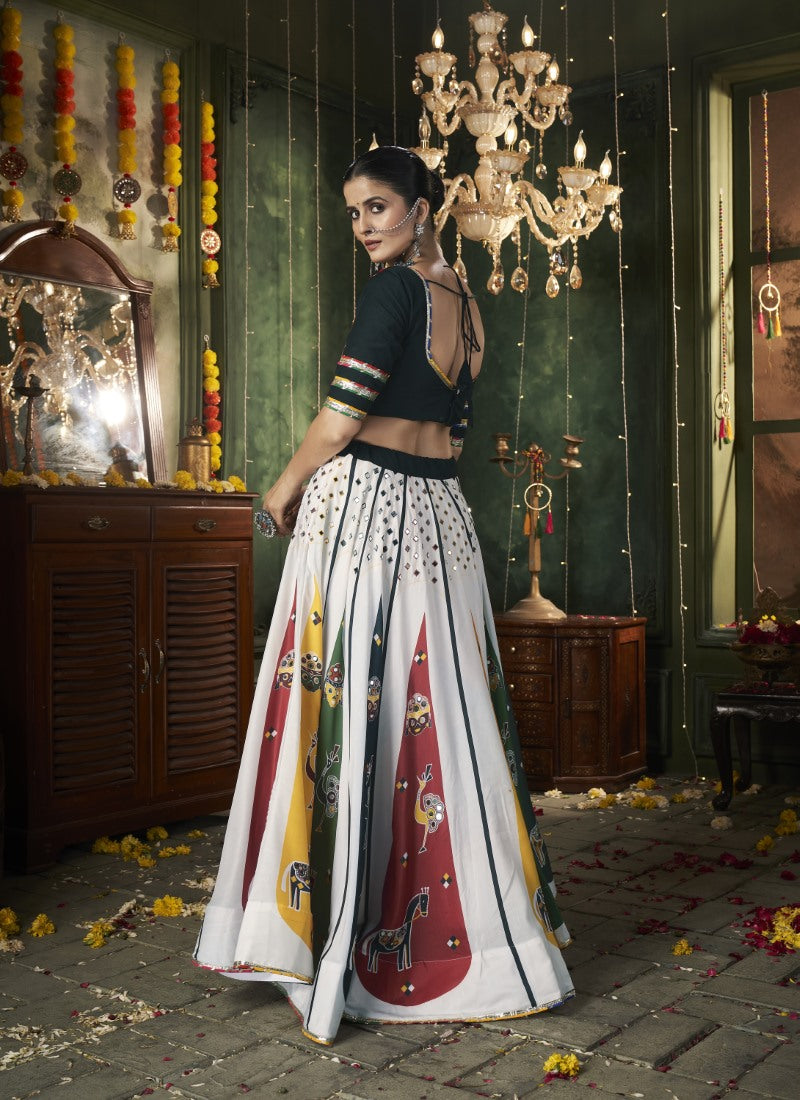 White Cotton Navratri Lehenga Choli With Embroidery, Mirror Work and Sequins Work