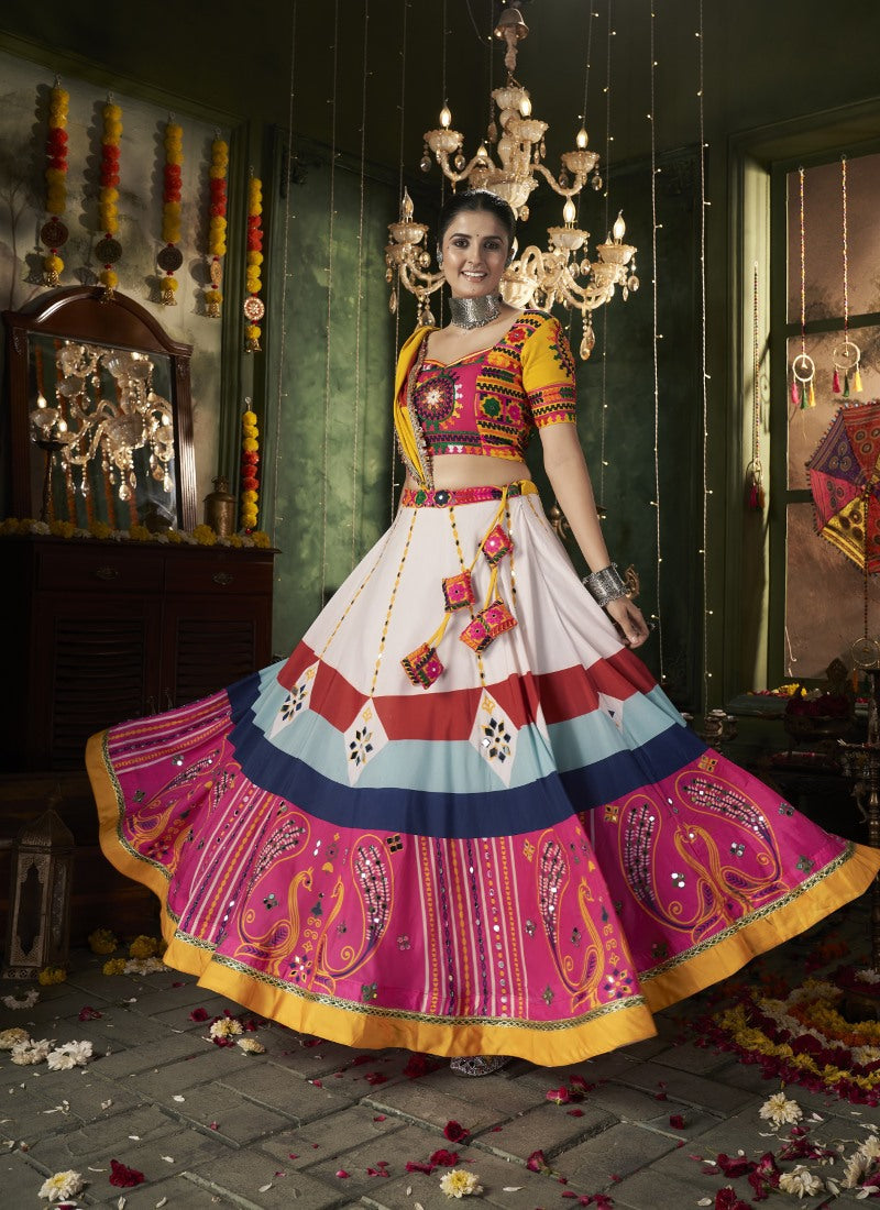 Multi Color Cotton Navratri Lehenga Choli With Embroidery, Mirror Work and Sequins Work