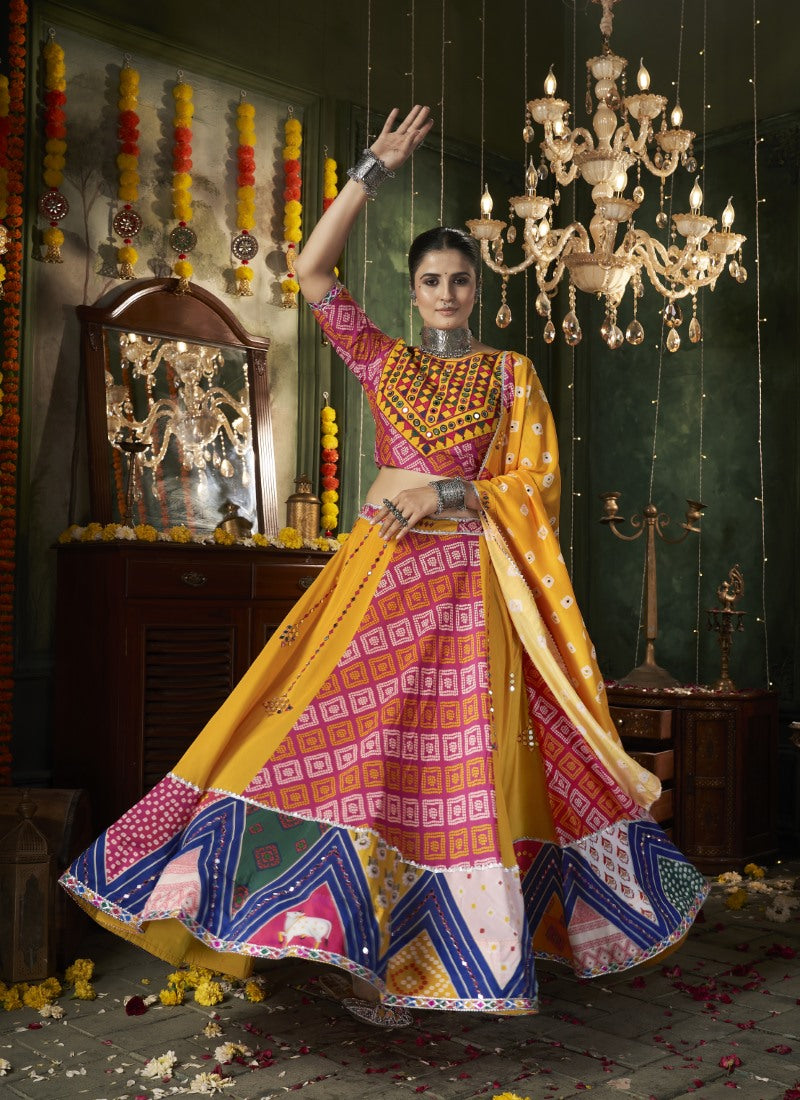 Yellow Cotton Navratri Lehenga Choli With Embroidery, Mirror Work and Sequins Work