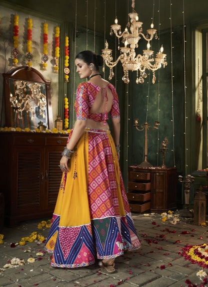 Yellow Cotton Navratri Lehenga Choli With Embroidery, Mirror Work and Sequins Work