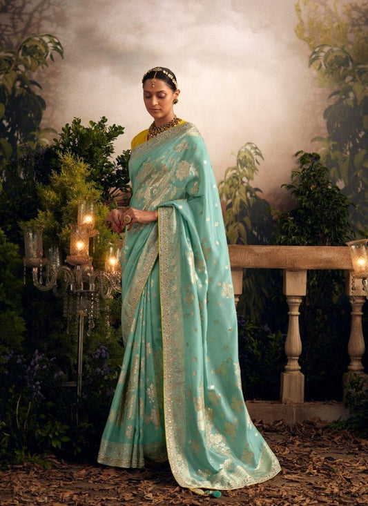 Aqua Silk Wedding Saree With Heavy Embroidery, Stone and Sequins Work