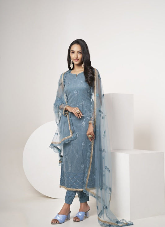 Blue Pant Style Salwar Suit with Thread and Sequins Work