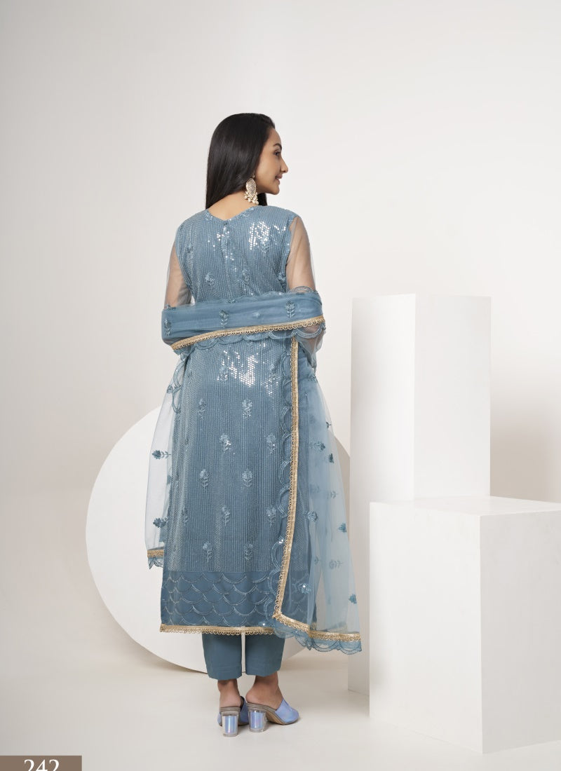 Blue Pant Style Salwar Suit with Thread and Sequins Work-2