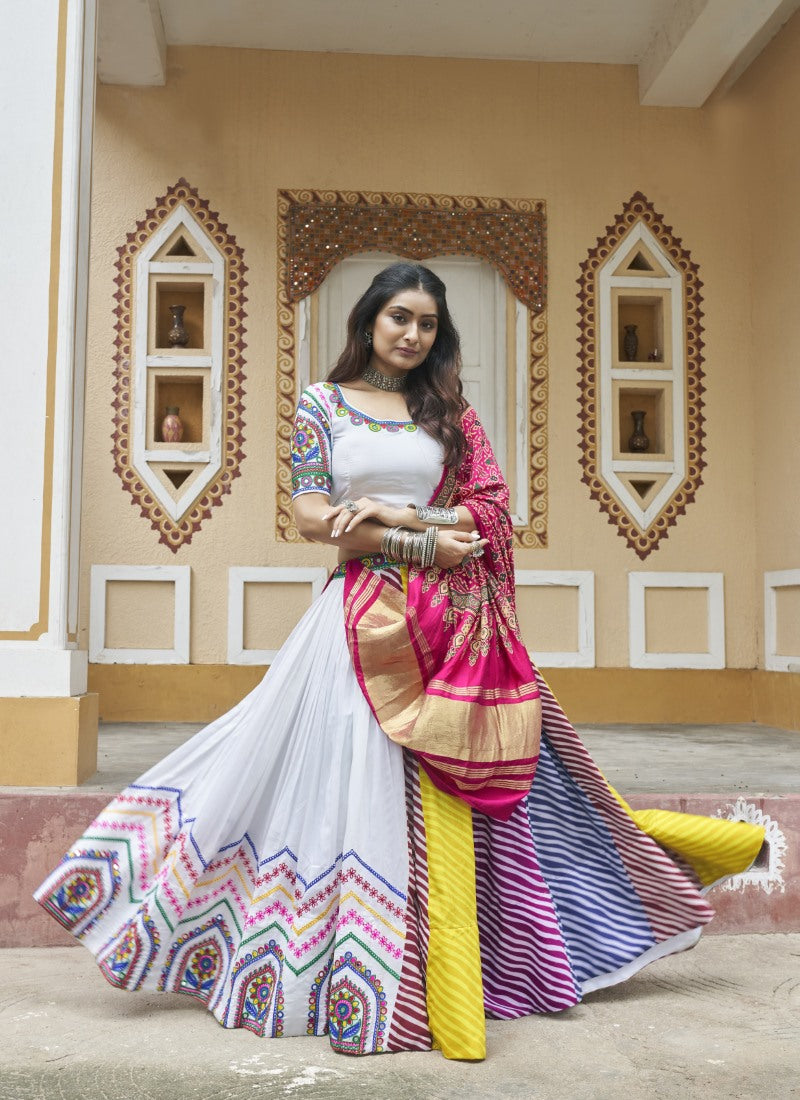 White Navratri Lehenga Choli With Embroidery and Sequins Work