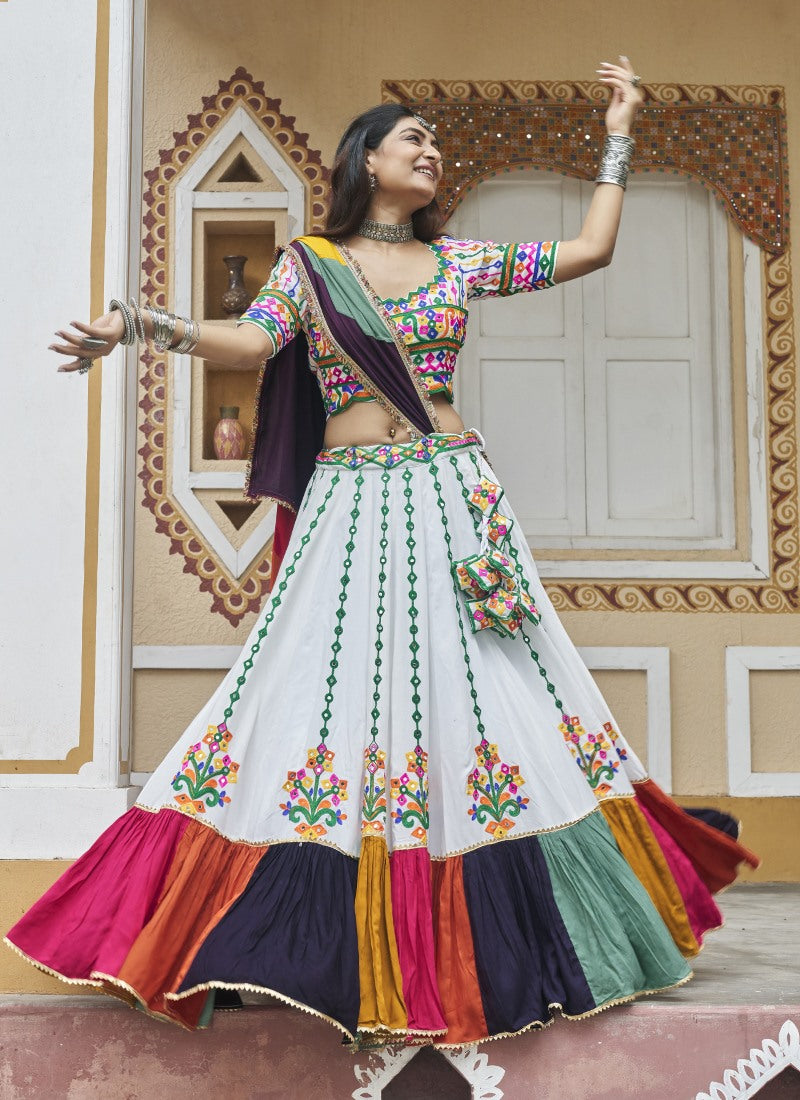 White Navratri Lehenga Choli With Embroidery and Sequins Work