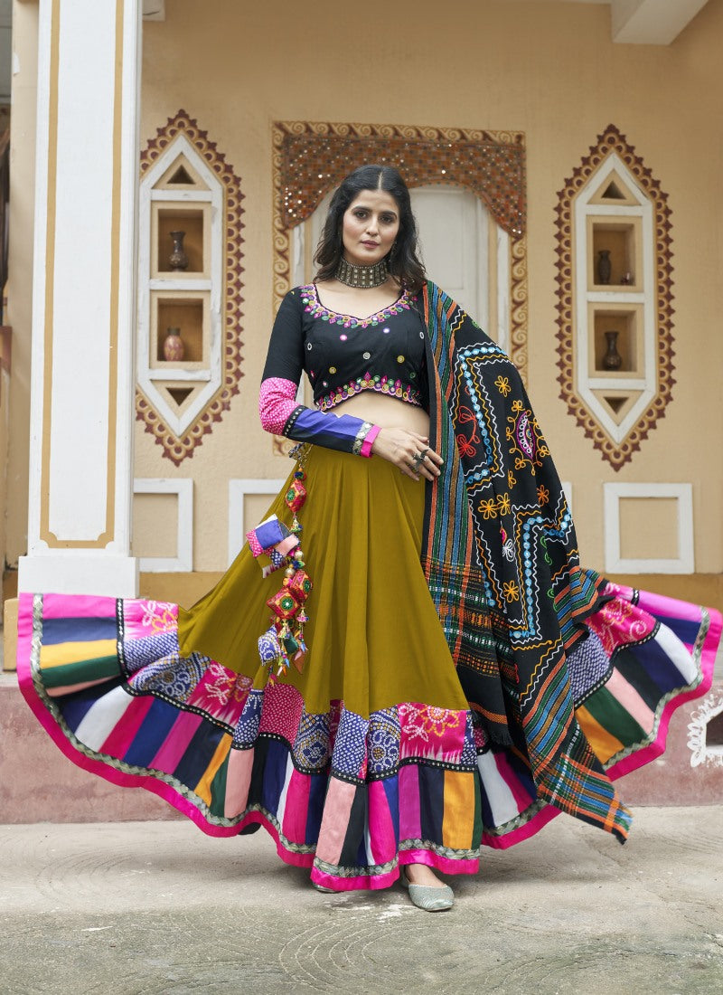 Olive Green Navratri Lehenga Choli With Embroidery and Sequins Work