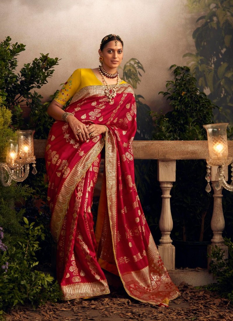 Red Silk Wedding Saree With Heavy Embroidery, Stone and Sequins Work