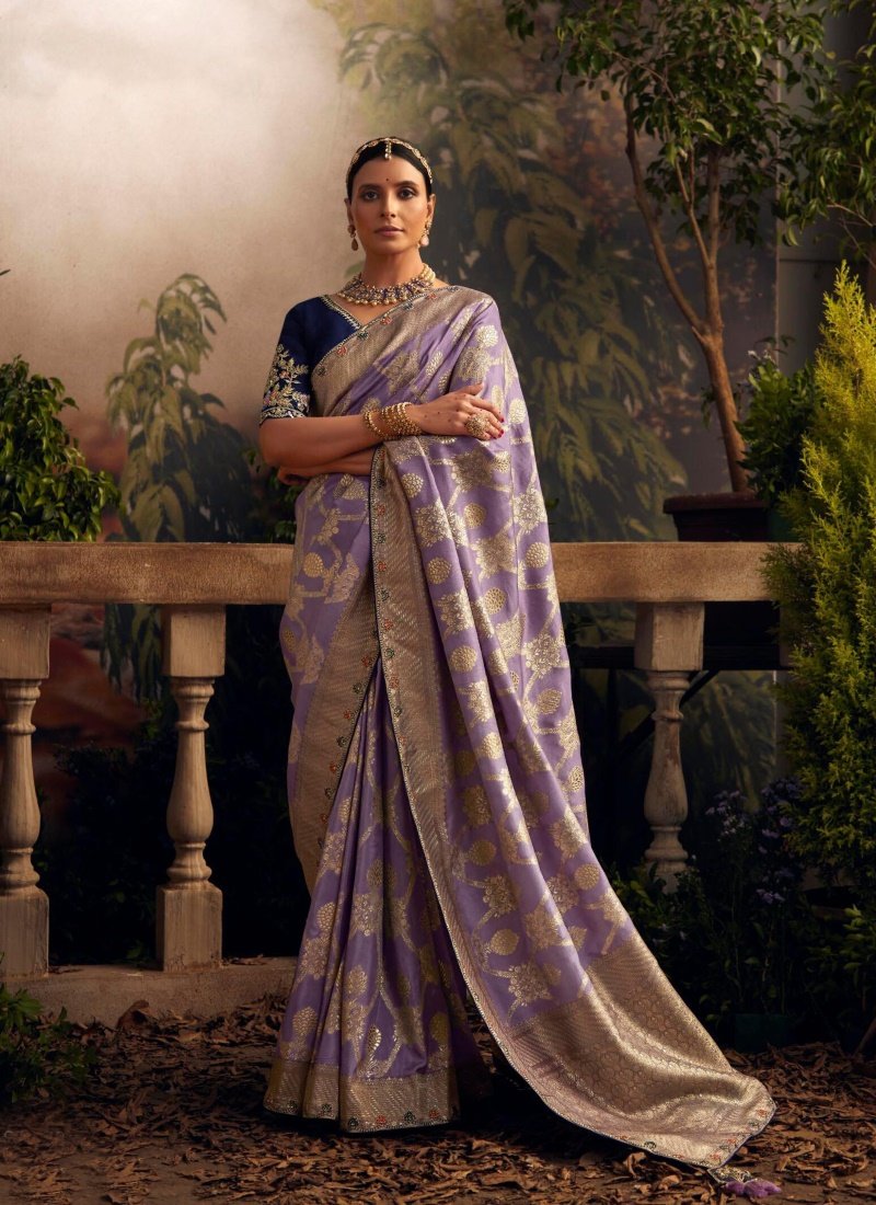 Purple Silk Wedding Saree With Heavy Embroidery, Stone and Sequins Work