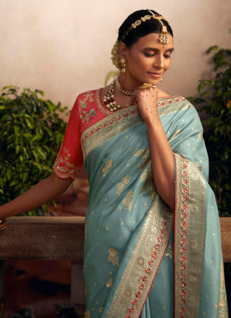 Embroidered Lycra Saree in Sea Green