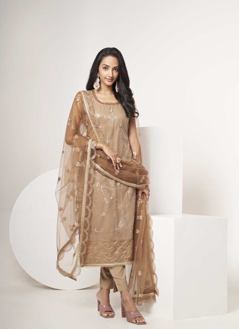 Light Brown Pant Style Salwar Suit with Thread and Sequins Work