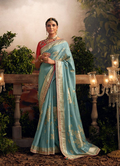 Sky Blue Silk Wedding Saree With Heavy Embroidery, Stone and Sequins Work