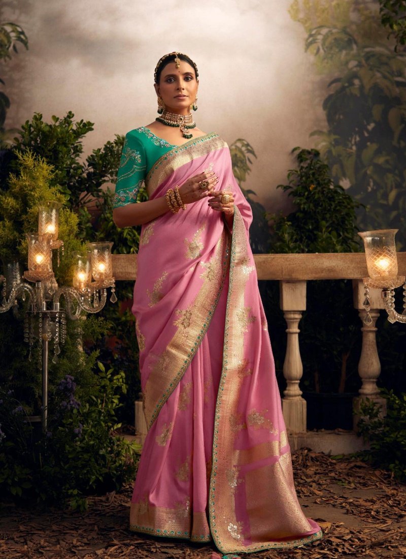 Pink Silk Wedding Saree With Heavy Embroidery, Stone and Sequins Work