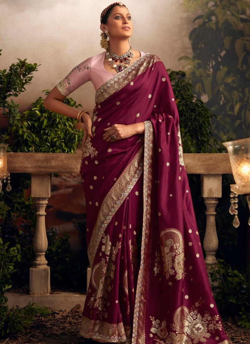 Wine Silk Wedding Saree With Heavy Embroidery, Stone and Sequins Work