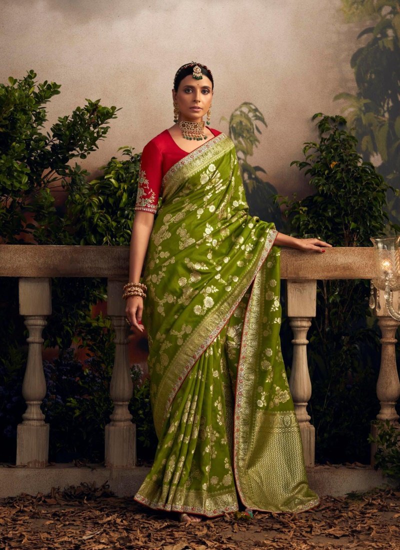 Olive Green Silk Wedding Saree With Heavy Embroidery, Stone and Sequins Work