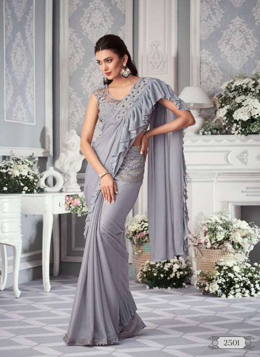 Gray Satin Party Wear Saree