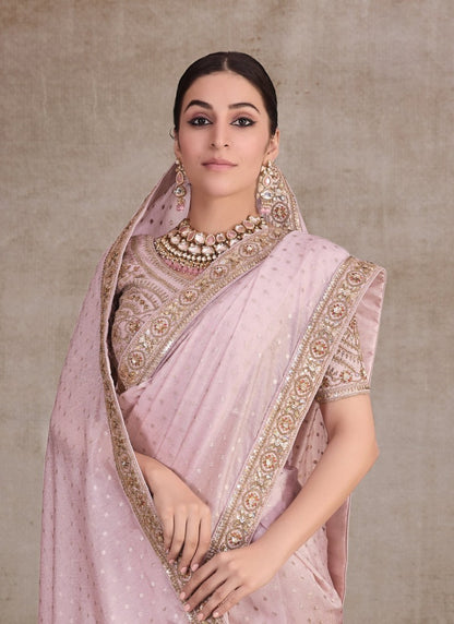 Pink Organza Saree with Heavy Embroidery and Butti Work