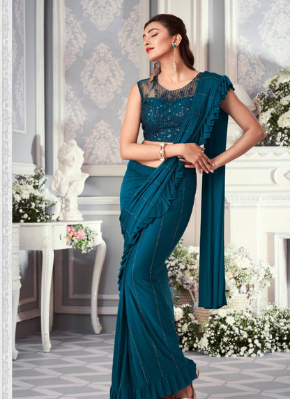 Teal Blue Lycra Party Wear Saree