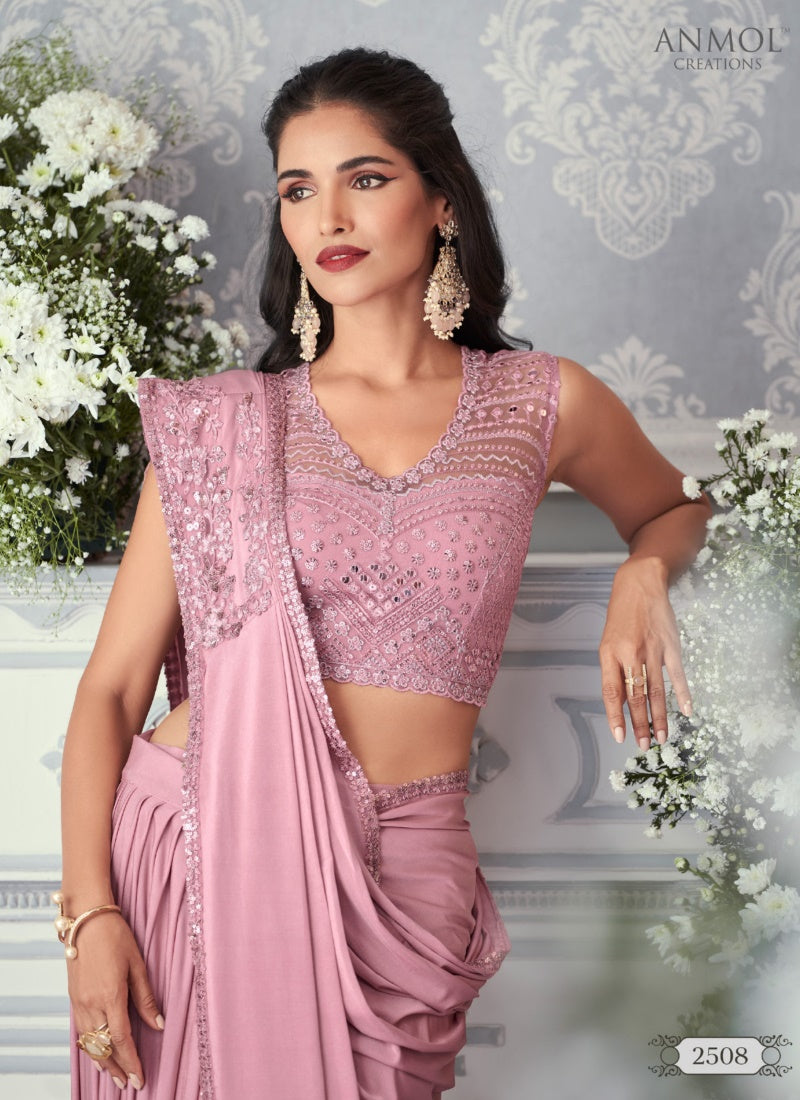 Pink Lycra Party Wear Saree-2