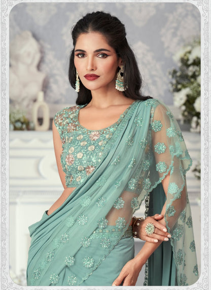 Sea Green Lycra Party Wear Saree-2