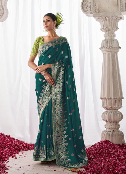 Teal Blue Silk Wedding Saree With Minakari Pallu