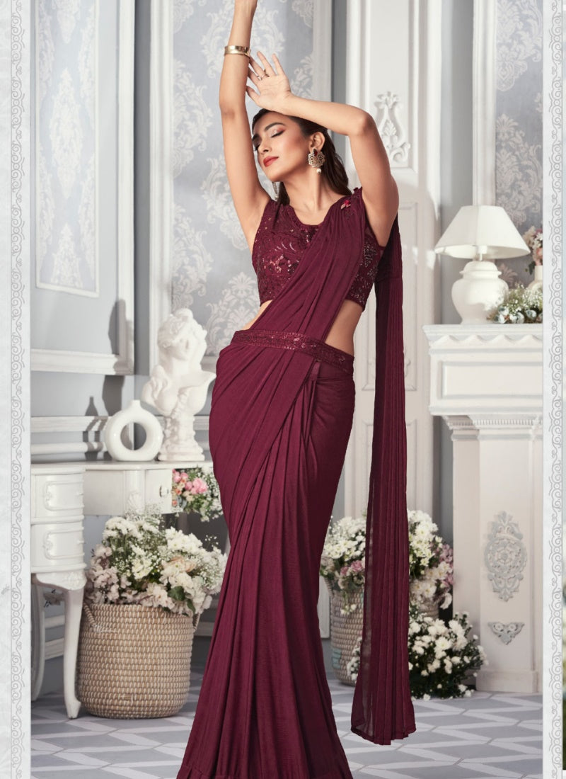 Wine Lycra Party Wear Saree