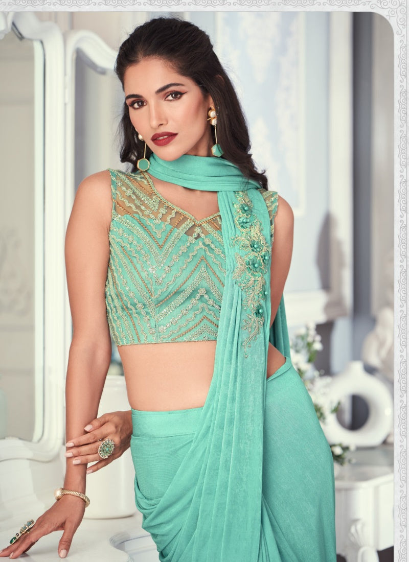 Aqua Lycra Party Wear Saree-2